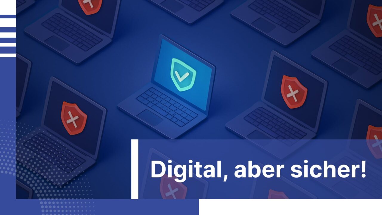 Event Keyvisual – Laptops in einer Reihe mit rotem Schild, in der Mitte ein Laptop mit einem grünen Haken.